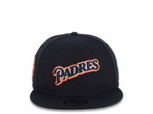 Load image into Gallery viewer, San Diego Padres New Era MLB 9FIFTY 950 Snapback Cap Hat Navy Blue Crown/Visor Navy/Orange/White Script Logo 25th Anniversary Side Patch Gray UV
