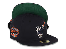Load image into Gallery viewer, San Diego Padres New Era MLB 59FIFTY 5950 Fitted Cap Hat Dark Navy Crown/Visor Dark Navy/Orange Swinging Friar Logo Go Padres Established 1969 Side Patch Green UV