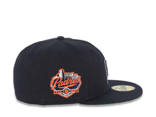 Load image into Gallery viewer, San Diego Padres New Era MLB 59FIFTY 5950 Fitted Cap Hat Dark Navy Crown/Visor Dark Navy/Orange Swinging Friar Logo Go Padres Established 1969 Side Patch Green UV