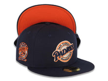 Load image into Gallery viewer, San Diego Padres New Era MLB 59FIFTY 5950 Fitted Cap Hat Light Navy Crown/Visor Light Navy/Orange/White Baseball Club Logo 25th Anniversary Side Patch Orange UV