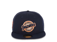 Load image into Gallery viewer, San Diego Padres New Era MLB 59FIFTY 5950 Fitted Cap Hat Light Navy Crown/Visor Light Navy/Orange/White Baseball Club Logo 25th Anniversary Side Patch Orange UV