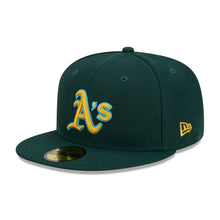 Load image into Gallery viewer, Oakland A's Athletics New Era MLB 59FIFTY 5950 Fitted Cap Hat Dark Green Crown/Visor Yellow/Sky Blue Logo Father's Day 2023 Side Patch Sky Blue UV