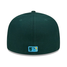 Load image into Gallery viewer, Oakland A's Athletics New Era MLB 59FIFTY 5950 Fitted Cap Hat Dark Green Crown/Visor Yellow/Sky Blue Logo Father's Day 2023 Side Patch Sky Blue UV