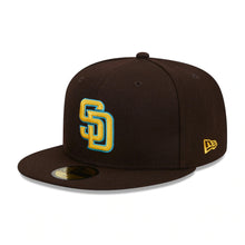 Load image into Gallery viewer, San Diego Padres New Era MLB 59FIFTY 5950 Fitted Cap Hat Dark Brown Crown/Visor Yellow/Sky Blue Logo Father's Day 2023 Side Patch Sky Blue UV
