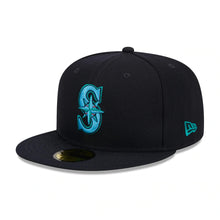 Load image into Gallery viewer, Seattle Mariners New Era MLB 9FIFTY 950 Snapback Cap Hat Navy Crown/Visor Sky Blue/Teal Logo Father's Day 2023 Side Patch Sky Blue UV