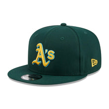 Load image into Gallery viewer, Oakland A's Athletics New Era MLB 9FIFTY 950 Snapback Cap Hat Dark Green Crown/Visor Yellow/Sky Blue Logo Father's Day 2023 Side Patch Sky Blue UV