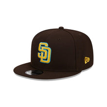 Load image into Gallery viewer, San Diego Padres New Era MLB 9FIFTY 950 Snapback Cap Hat Dark Brown Crown/Visor Yellow/Sky Blue Logo Father's Day 2023 Side Patch Sky Blue UV