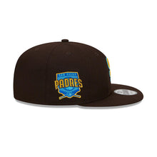 Load image into Gallery viewer, San Diego Padres New Era MLB 9FIFTY 950 Snapback Cap Hat Dark Brown Crown/Visor Yellow/Sky Blue Logo Father's Day 2023 Side Patch Sky Blue UV