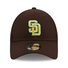 Load image into Gallery viewer, San Diego Padres New Era MLB 9FORTY 940 Adjustable Cap Hat Dark Brown Crown/Visor Yellow/Sky Blue Logo Father's Day 2023 Side Patch Sky Blue UV