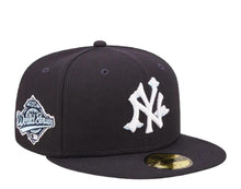 Load image into Gallery viewer, New York Yankees New Era MLB 59FIFTY 5950 Fitted Cap Hat Navy Blue Crown/Visor White with Cloud Logo 1996 World Series Side Patch Sky Blue UV