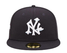 Load image into Gallery viewer, New York Yankees New Era MLB 59FIFTY 5950 Fitted Cap Hat Navy Blue Crown/Visor White with Cloud Logo 1996 World Series Side Patch Sky Blue UV