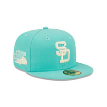Load image into Gallery viewer, San Diego Padres New Era MLB 59FIFTY 5950 Fitted Cap Hat Light Teal/Clear Mint Crown/Visor Yellow/White Logo 1984 World Series Side Patch Yellow UV