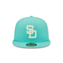 Load image into Gallery viewer, San Diego Padres New Era MLB 59FIFTY 5950 Fitted Cap Hat Light Teal/Clear Mint Crown/Visor Yellow/White Logo 1984 World Series Side Patch Yellow UV