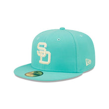Load image into Gallery viewer, San Diego Padres New Era MLB 59FIFTY 5950 Fitted Cap Hat Light Teal/Clear Mint Crown/Visor Yellow/White Logo 1984 World Series Side Patch Yellow UV