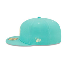 Load image into Gallery viewer, San Diego Padres New Era MLB 59FIFTY 5950 Fitted Cap Hat Light Teal/Clear Mint Crown/Visor Yellow/White Logo 1984 World Series Side Patch Yellow UV
