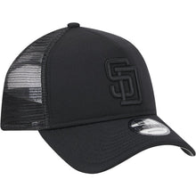 Load image into Gallery viewer, San Diego Padres New Era MLB 9FORTY 940 Adjustable A-Frame Foam Cap Hat Snap Closure Black Crown/Visor Black Logo Mesh Trucker Back