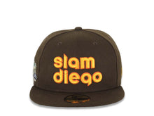 Load image into Gallery viewer, San Diego Padres New Era MLB 59FIFTY 5950 Fitted Cap Hat Brown Crown/Visor Yellow/Orange Slam Diego Script Logo Petco Park Side Patch Green UV