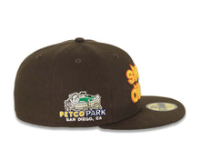 Load image into Gallery viewer, San Diego Padres New Era MLB 59FIFTY 5950 Fitted Cap Hat Brown Crown/Visor Yellow/Orange Slam Diego Script Logo Petco Park Side Patch Green UV