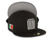 Load image into Gallery viewer, Mexico New Era WBC World Baseball Classic 59FIFTY 5950 Fitted Cap Hat Black Crown/Visor Black/White Logo Mexico Flag Side Patch Gray UV