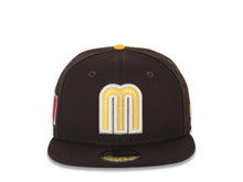 Load image into Gallery viewer, Mexico New Era WBC World Baseball Classic 59FIFTY 5950 Fitted Cap Hat Dark Brown Crown/Visor Yellow/White Logo Mexico Flag Side Patch Gray UV