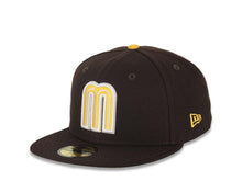 Load image into Gallery viewer, Mexico New Era WBC World Baseball Classic 59FIFTY 5950 Fitted Cap Hat Dark Brown Crown/Visor Yellow/White Logo Mexico Flag Side Patch Gray UV