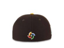 Load image into Gallery viewer, Mexico New Era WBC World Baseball Classic 59FIFTY 5950 Fitted Cap Hat Dark Brown Crown/Visor Yellow/White Logo Mexico Flag Side Patch Gray UV