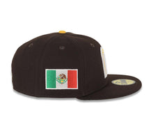 Load image into Gallery viewer, Mexico New Era WBC World Baseball Classic 59FIFTY 5950 Fitted Cap Hat Dark Brown Crown/Visor Yellow/White Logo Mexico Flag Side Patch Gray UV