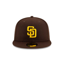 Load image into Gallery viewer, San Diego Padres New Era MLB 59FIFTY 5950 Fitted Cap Hat Dark Brown Crown/Visor Yellow Logo (2023 World Tour Mexico City Series)