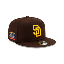 Load image into Gallery viewer, San Diego Padres New Era MLB 9FIFTY 950 Snapback Cap Hat Dark Brown Crown/Visor Yellow Logo (2023 World Tour Mexico City Series)