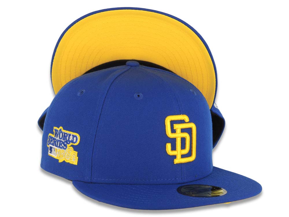 San Diego Padres New Era MLB 59FIFTY 5950 Fitted Cap Hat Royal Blue Crown/Visor Yellow/White Cooperstown Logo 1984 World Series Side Patch 7 1/8