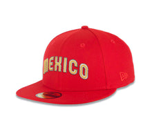 Load image into Gallery viewer, Mexico New Era WBC World Baseball Classic 59FIFTY 5950 Fitted Cap Hat Red Crown/Visor Metallic Gold/White/ Silver Logo Mexico Flag Side Patch