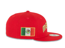 Load image into Gallery viewer, Mexico New Era WBC World Baseball Classic 59FIFTY 5950 Fitted Cap Hat Red Crown/Visor Metallic Gold/White/ Silver Logo Mexico Flag Side Patch