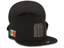 Load image into Gallery viewer, Mexico New Era 59FIFTY 5950 Fitted Cap Hat Black Crown/Visor Black/Dark Gray Logo Mexico Flag Side Patch Dark Gray UV