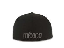 Load image into Gallery viewer, Mexico New Era 59FIFTY 5950 Fitted Cap Hat Black Crown/Visor Black/Dark Gray Logo Mexico Flag Side Patch Dark Gray UV