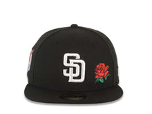 Load image into Gallery viewer, San Diego Padres New Era MLB 59FIFTY 5950 Fitted Cap Hat Black Crown/Visor White Logo With Rose 40th Anniversary Side Patch