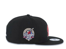 Load image into Gallery viewer, San Diego Padres New Era MLB 9FIFTY 950 Snapback Cap Hat Black Crown/Visor Metallic Red/White "P" Script Logo 40th Anniversary Side Patch Gray UV