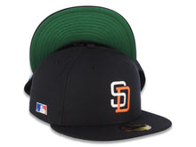 Load image into Gallery viewer, San Diego Padres New Era MLB 59FIFTY 5950 Fitted Cap Hat Navy Blue Crown/Visor White/Orange Flat Stitching SD Logo Batterman Batty Side Patch