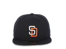 Load image into Gallery viewer, San Diego Padres New Era MLB 59FIFTY 5950 Fitted Cap Hat Navy Blue Crown/Visor White/Orange Flat Stitching SD Logo Batterman Batty Side Patch