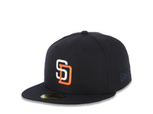 Load image into Gallery viewer, San Diego Padres New Era MLB 59FIFTY 5950 Fitted Cap Hat Navy Blue Crown/Visor White/Orange Flat Stitching SD Logo Batterman Batty Side Patch