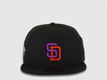 Load image into Gallery viewer, San Diego Padres New Era MLB 59FIFTY 5950 Fitted Cap Hat Black Crown/Visor Purple/Red Logo 1998 World Series Side Patch Gray UV