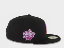 Load image into Gallery viewer, San Diego Padres New Era MLB 59FIFTY 5950 Fitted Cap Hat Black Crown/Visor Purple/Red Logo 1998 World Series Side Patch Gray UV
