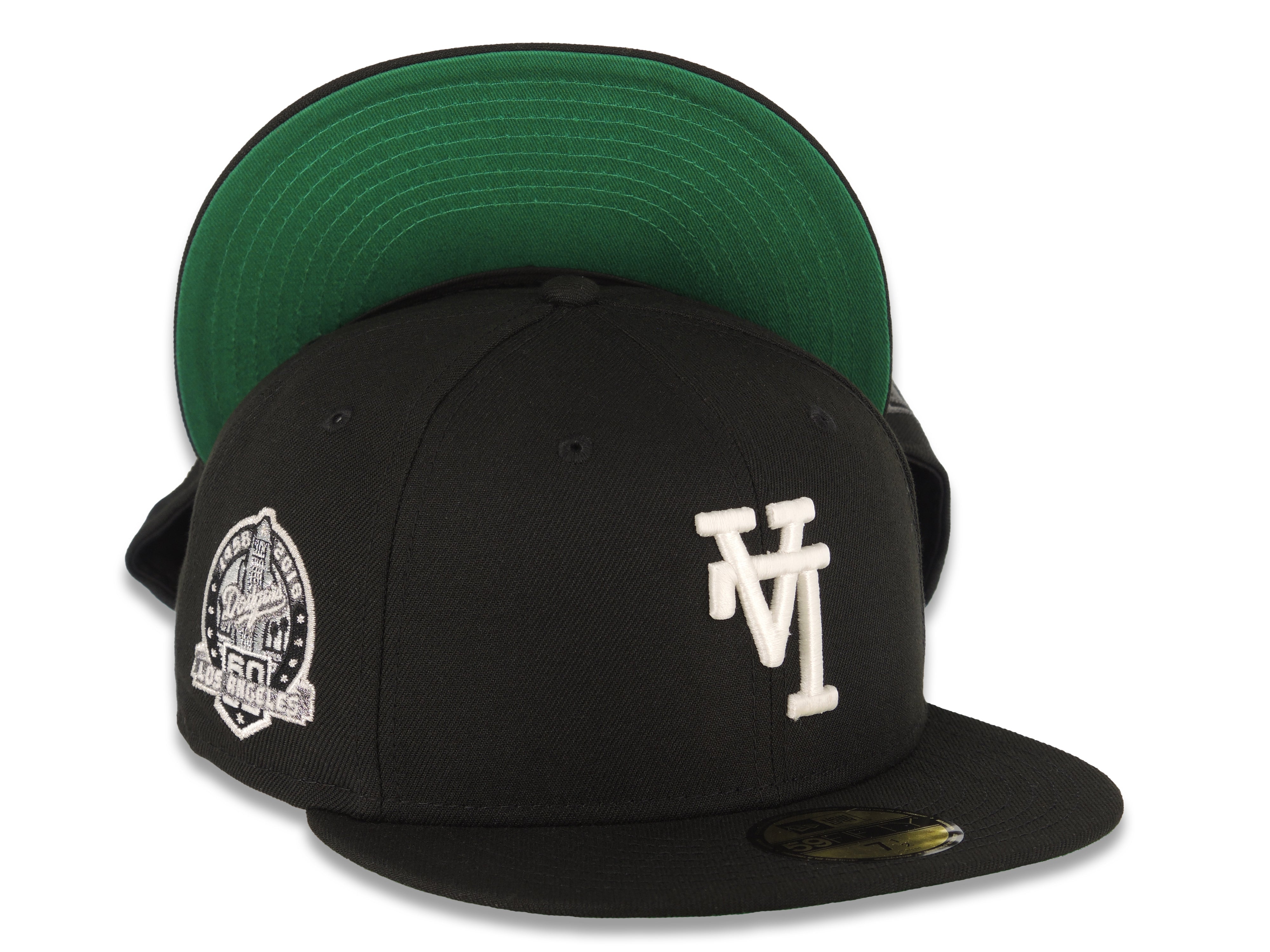 Los Angeles Dodgers New Era MLB 59FIFTY 5950 Fitted Cap Hat Black  Crown/Visor White Upside Down Logo 60th Anniversary Side Patch Green UV