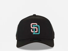 Load image into Gallery viewer, San Diego Padres New Era MLB 9FORTY 940 Adjustable A-Frame Cap Hat Black Crown/Visor Pink/Aqua Logo 40th Anniversary Side Patch Pink UV