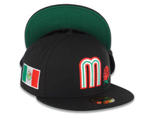 Load image into Gallery viewer, Mexico New Era 59FIFTY 5950 Fitted Cap Hat Black Crown/Visor White/Red/Greed Logo with Rose Mexico Flag Side Patch Green UV