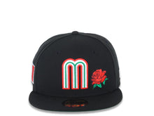 Load image into Gallery viewer, Mexico New Era 59FIFTY 5950 Fitted Cap Hat Black Crown/Visor White/Red/Greed Logo with Rose Mexico Flag Side Patch Green UV
