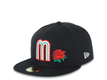 Load image into Gallery viewer, Mexico New Era 59FIFTY 5950 Fitted Cap Hat Black Crown/Visor White/Red/Greed Logo with Rose Mexico Flag Side Patch Green UV