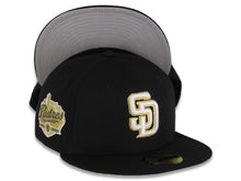Load image into Gallery viewer, San Diego Padres New Era MLB 59FIFTY 5950 Fitted Cap Hat Black Crown/Visor White/Metallic Gold Logo Established 1969 Side Patch 619 Back Logo
