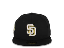 Load image into Gallery viewer, San Diego Padres New Era MLB 59FIFTY 5950 Fitted Cap Hat Black Crown/Visor White/Metallic Gold Logo Established 1969 Side Patch 619 Back Logo
