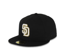 Load image into Gallery viewer, San Diego Padres New Era MLB 59FIFTY 5950 Fitted Cap Hat Black Crown/Visor White/Metallic Gold Logo Established 1969 Side Patch 619 Back Logo