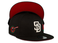 Load image into Gallery viewer, (Youth) San Diego Padres New Era MLB 9FIFTY 950 Kid Snapback Cap Hat Black Crown/Visor White Logo with Rose Swinging Friar Side Patch Red UV